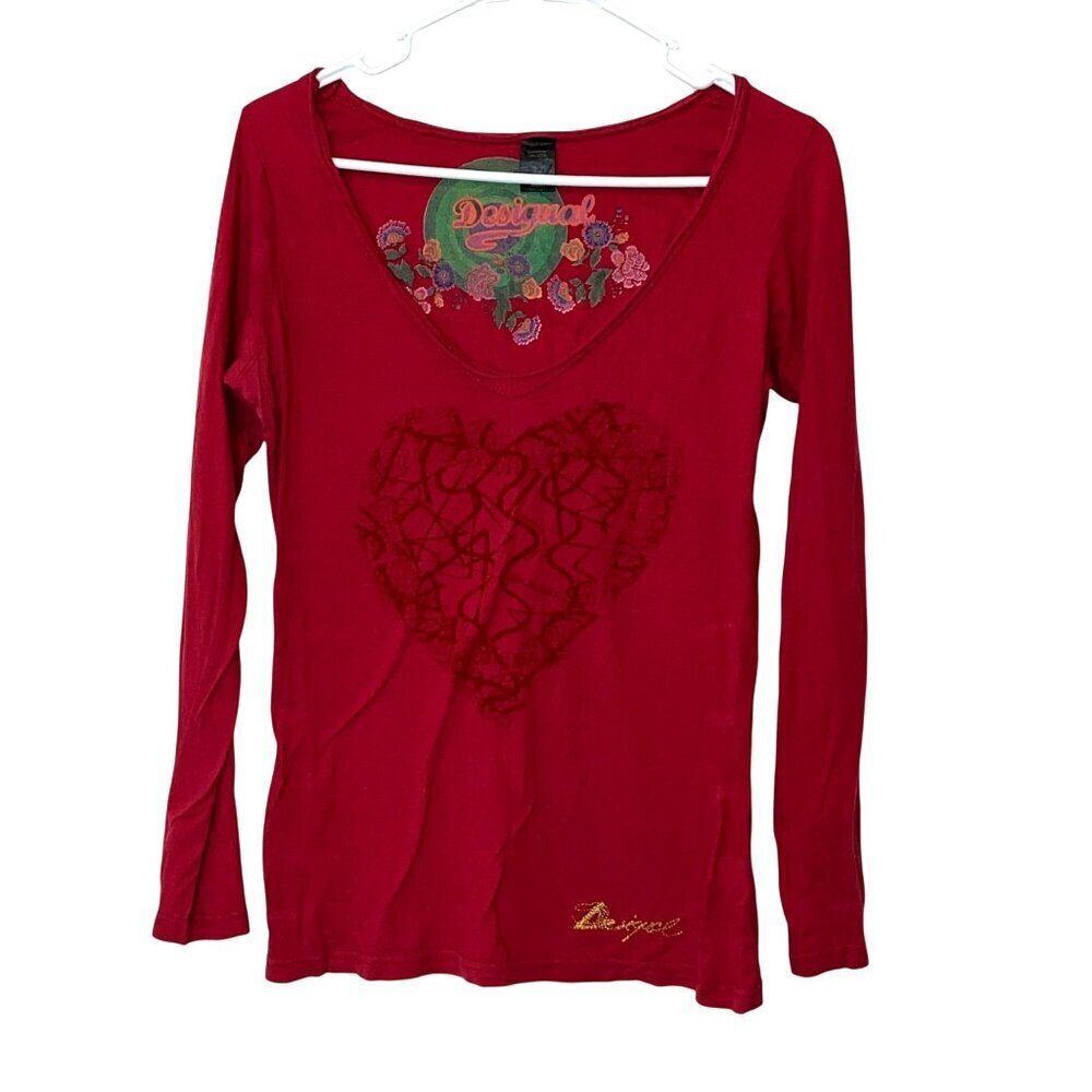 Desigual Red Long Sleeve V-Neck Top With Heart Design Womens Size S 100% Cotton